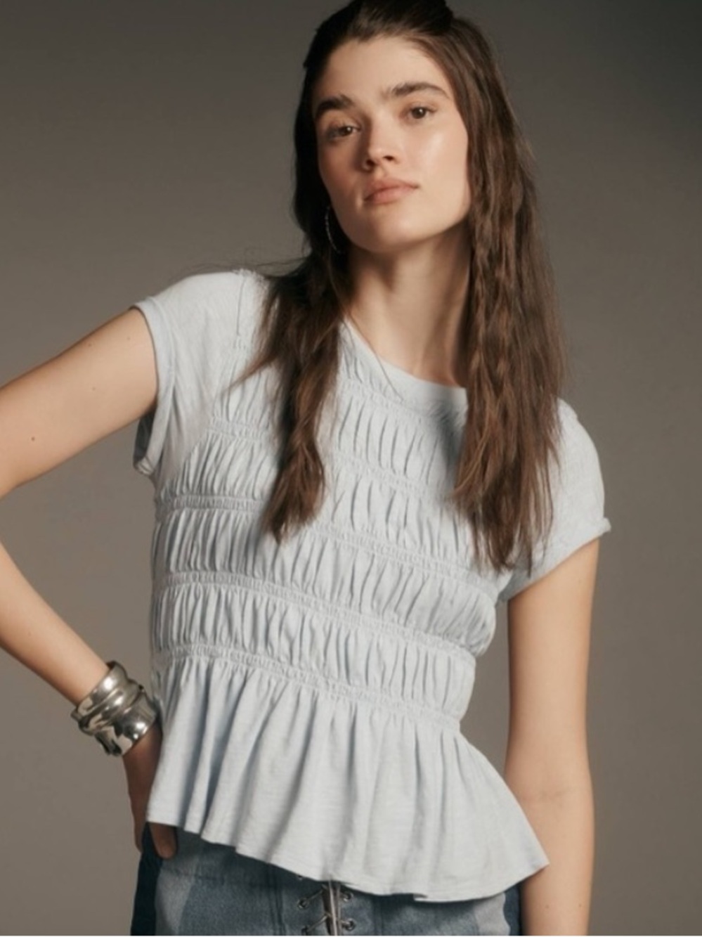 Pilcro Tabby Smocked Peplum Cap Sleeve Cotton T-shirt in Sky Blur